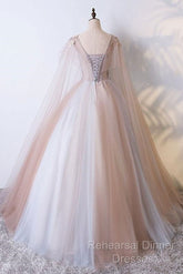 Tulle V Neck Appliques Champagne Long Sleeves Flower Semi Formal Prom Dress